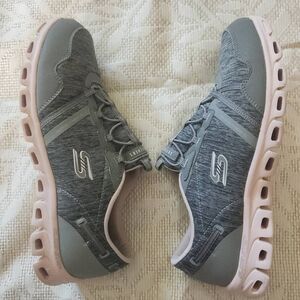 Skechers pink and gray air-cooled memory foam athletic shoes. Slip on, no ties